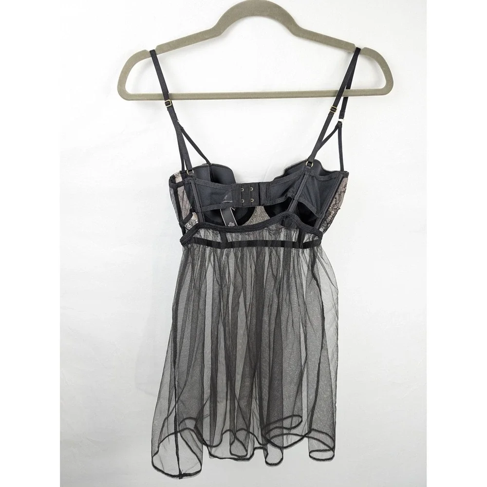 Victorias Secret Floral Lace Sheer Mesh Babydoll Lingerie Sz 34C Black Underwire